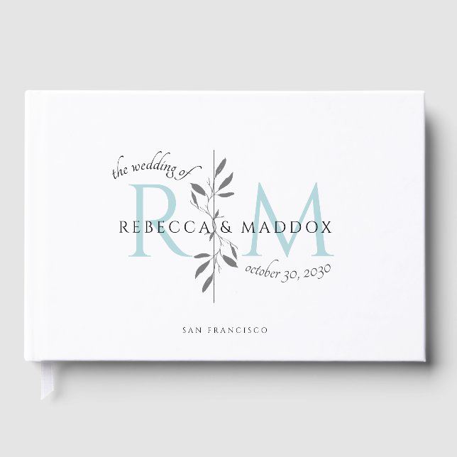 Elegant Wedding Aqua Botanical Monogram Guest Book (Front)
