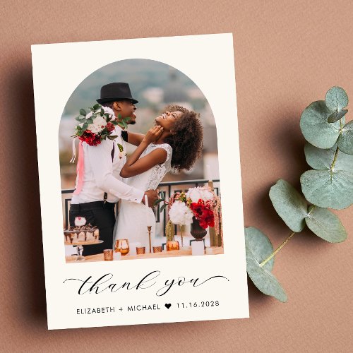 Elegant Wedding Arched Photo Cream Thank You Card