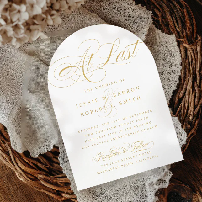 Last Rites Invitation Elegant Wedding At Last Gold Calligraphy Arch Invitation | Zazzle
