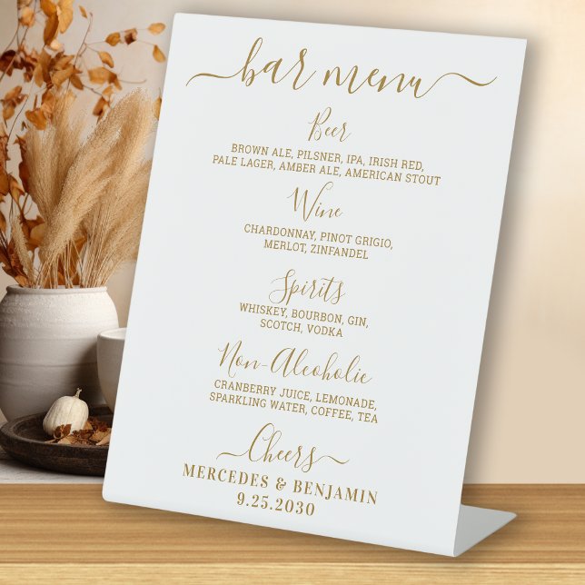 Elegant Wedding Bar Gold Personalized Drink Menu  Pedestal Sign (Creator Uploaded)
