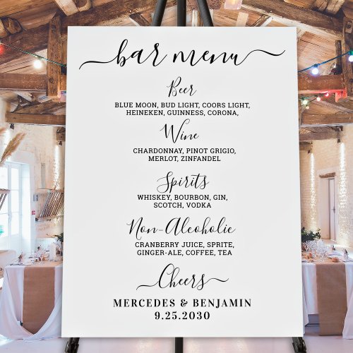 Elegant Wedding Bar Personalized Drink Menu Foam Board