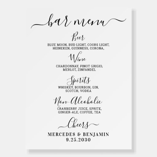 Elegant Wedding Bar Personalized Drink Menu Foam Board | Zazzle