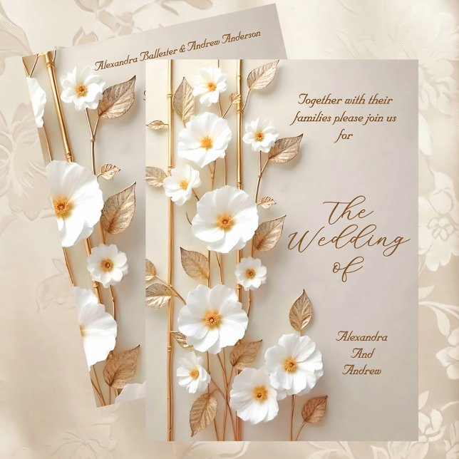 Elegant Wedding Beige White Flowers Gold Bamboo Invitation (Creator Uploaded)