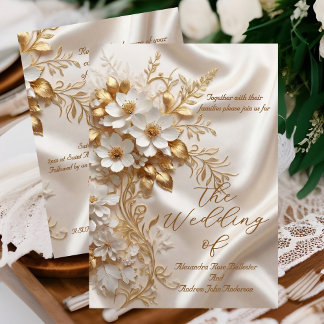 Elegant Wedding Beige White Gold Floral Silk Invitation