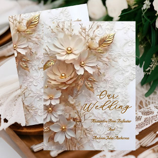 Elegant Wedding Beige White Lace Gold Flowers Invitation