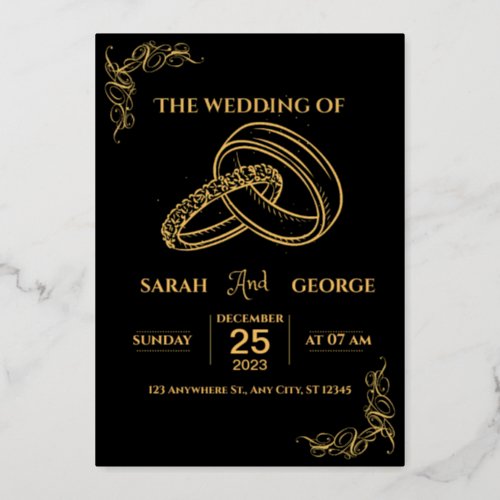 Elegant Wedding Black and Gold Foil Invitation