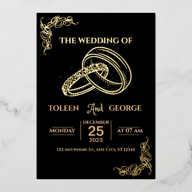 Elegant Wedding Black and Gold Foil Invitation (Front)