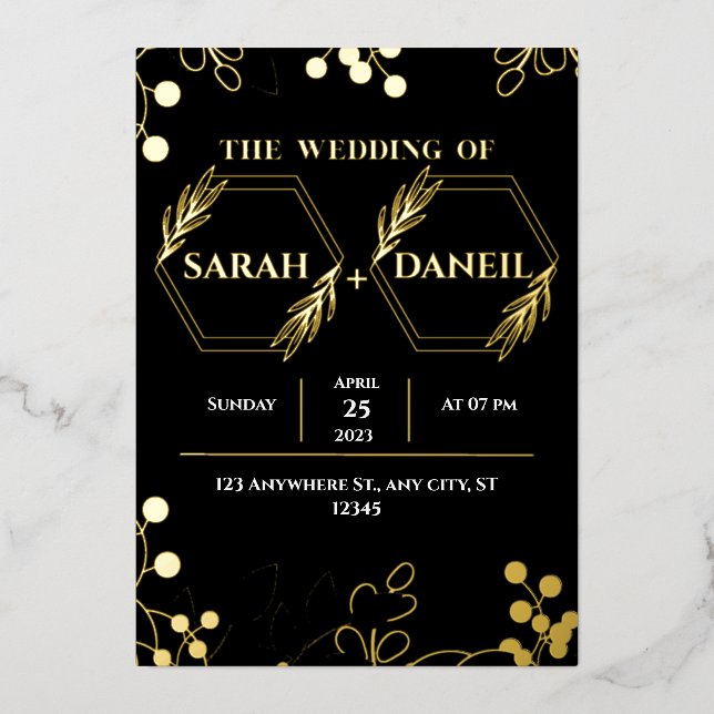 Elegant Wedding Black and Gold Foil Invitation (Front)