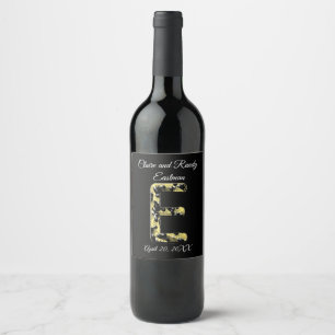 Elegant Wedding Black and Gold Letter E Monogram Wine Label