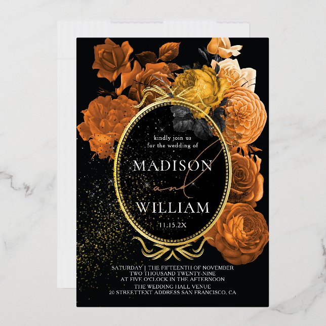 Elegant Wedding Black and Orange Floral  Foil Invitation (Envelope)