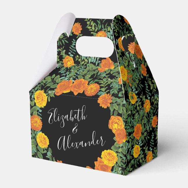 Elegant Wedding Black and Orange Rose Favor Boxes (Front Side)