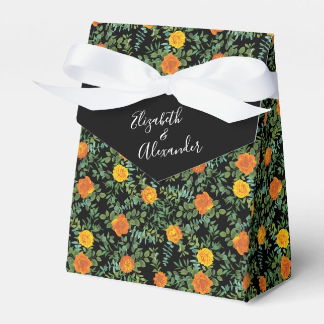 Elegant Wedding Black and Orange Rose Favor Boxes (Front Side)