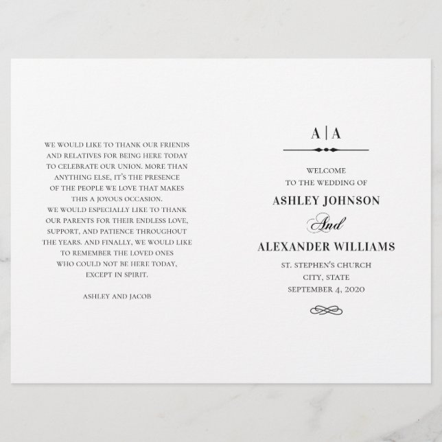 Elegant wedding. Black and white program folded (Front)