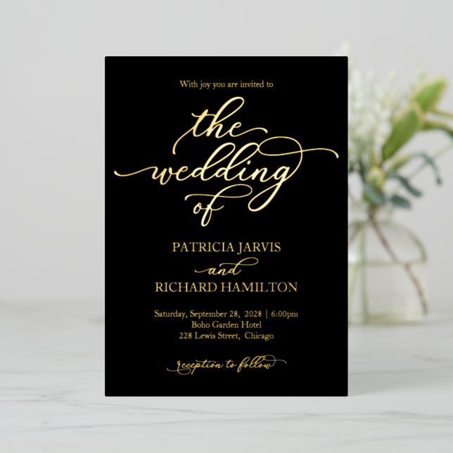 Elegant Wedding Black Gold Calligraphy Foil Invitation (Standing Front)