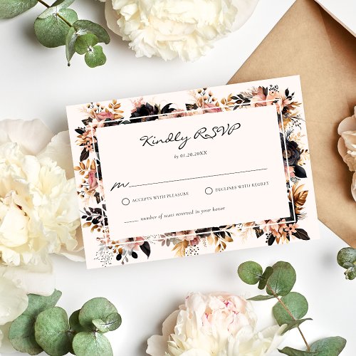 Elegant Wedding Black  Gold Floral RSVP Card