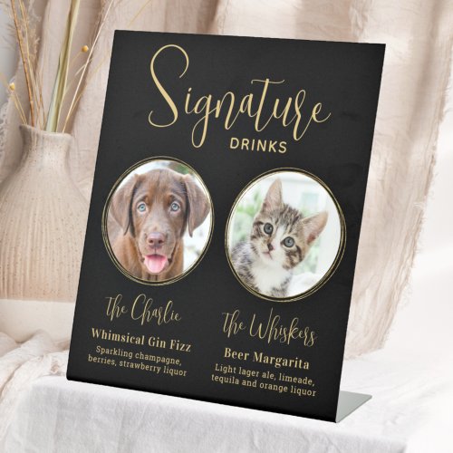Elegant Wedding Black Gold Pet Signature Drinks Pedestal Sign