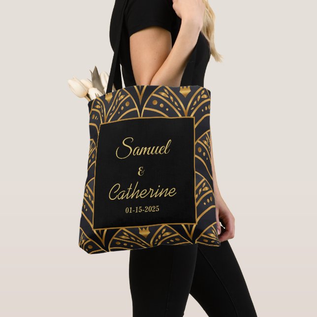 Elegant Wedding Black Gold Stylish Personalize  Tote Bag (Close Up)