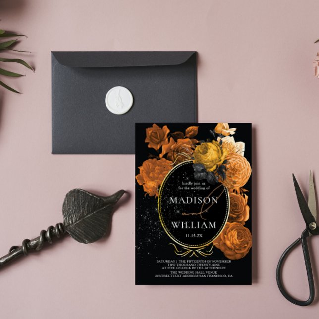 Elegant Wedding Black Orange Floral Invitation (Creator Uploaded)