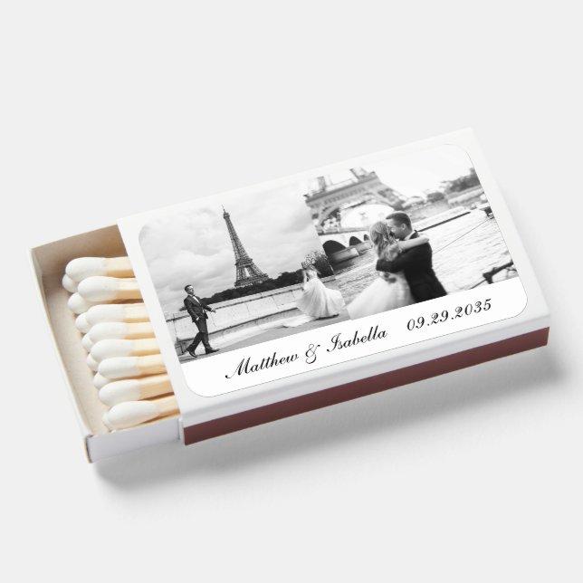 Elegant Wedding Black & White 2 Photo Thank You Matchboxes (Front Open)