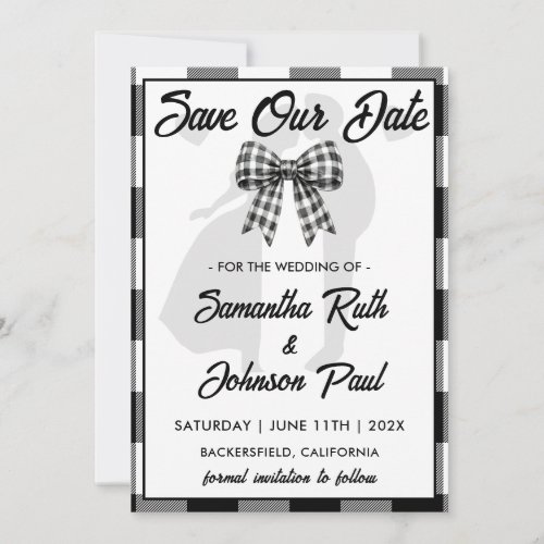 Elegant Wedding Black & White Gingham Bow Photo Save The Date