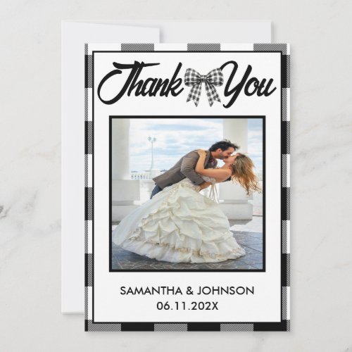 Elegant Wedding Black & White Gingham Bow Photo Thank You Card