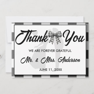 Elegant Wedding Black & White Gingham Bow Photo Thank You Card