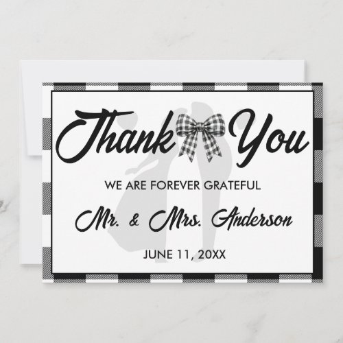 Elegant Wedding Black & White Gingham Bow Photo Thank You Card