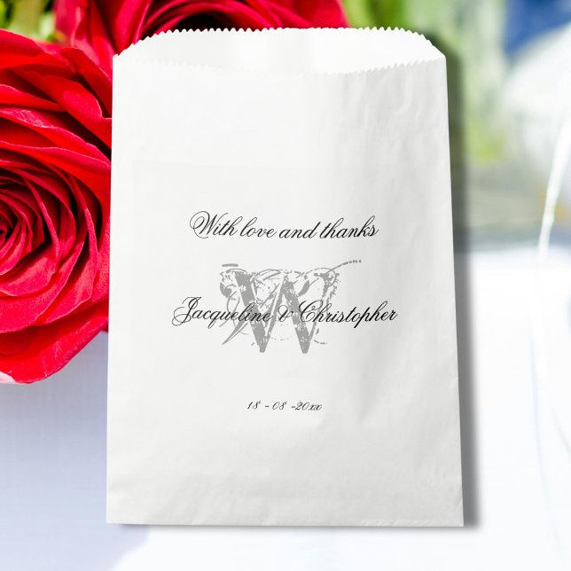Elegant Wedding Black White Gray Monogram + Names Favor Bag (Elegant Wedding - Black, White and Gray, Monogram plus Bride and Groom Names Favor Bag.)