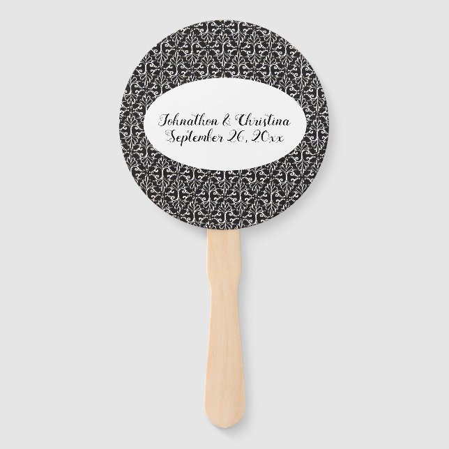 Elegant Wedding Black White Scrolled Damask Hand Fan (Front)
