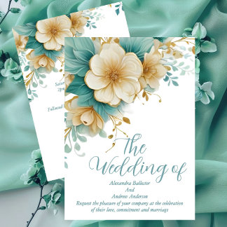 Elegant Wedding Blue Green on White Flowers Invitation
