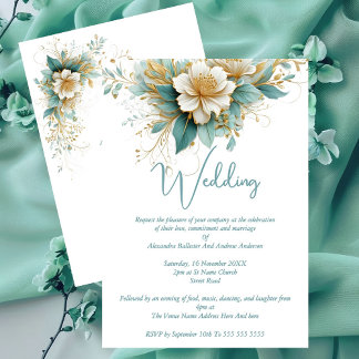 Elegant Wedding Blue Green White Flowers Invitation