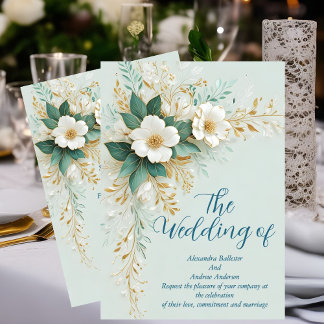 Elegant Wedding Blue Green White Gold Flowers Invitation