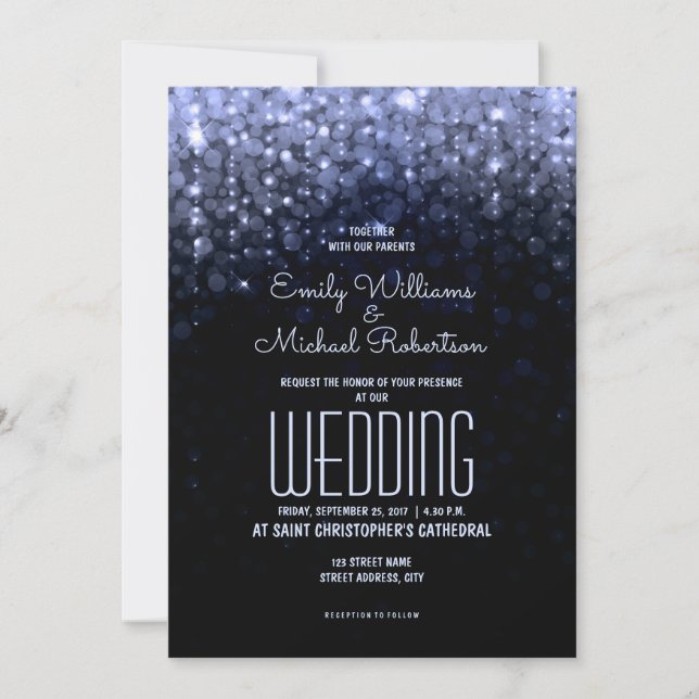 Elegant wedding Blue lights bokeh background Invitation (Front)