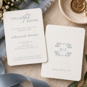 Elegant Wedding Blue Monogram Rehearsal Dinner Enclosure Card
