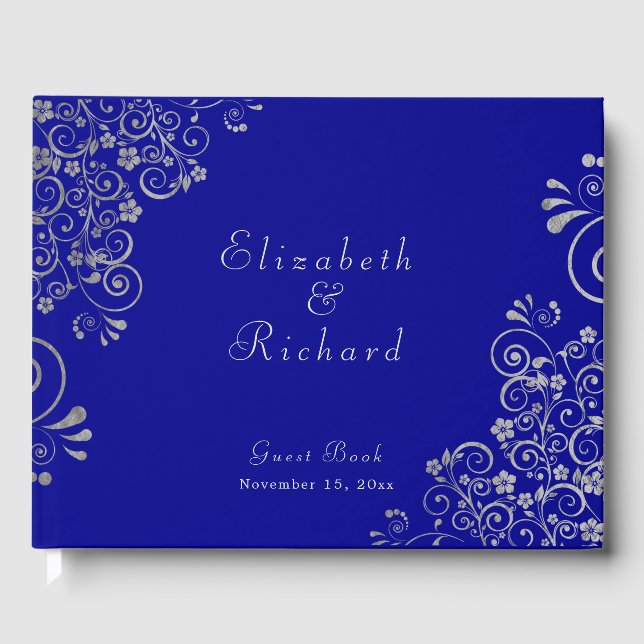 Elegant Wedding Blue Silver Gray Swirls Script Guest Book (Front)