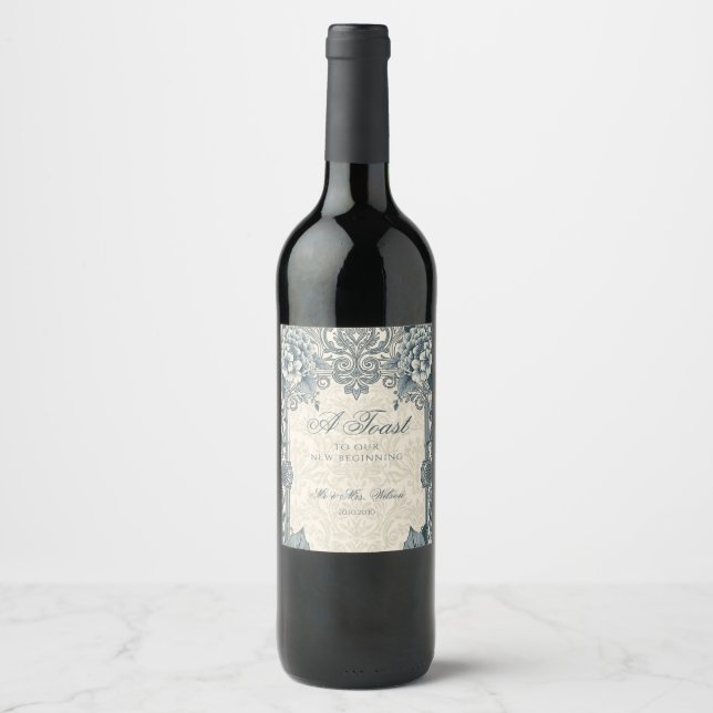  Elegant Wedding Blue Silver Wine Bottle Label (Front)