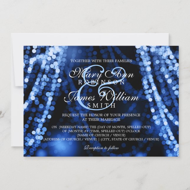 Elegant Wedding Blue String Lights Invitation (Front)