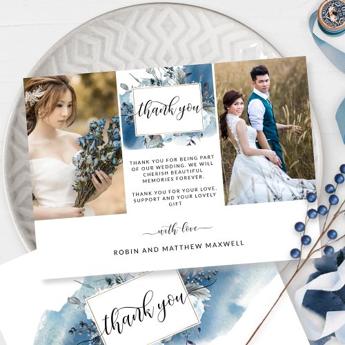 Elegant Wedding Blue Watercolor Floral Photo Thank You Card