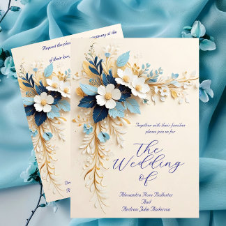 Elegant Wedding Blue White Cream Gold Flowers Invitation