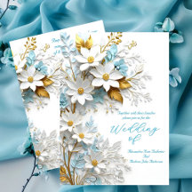 Elegant Wedding Blue White Lace Gold Flowers
