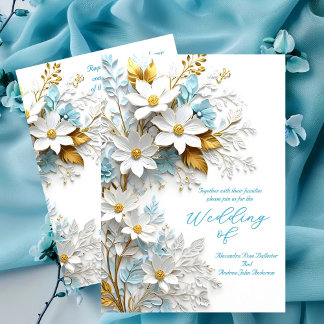 Elegant Wedding Blue White Lace Gold Flowers Invitation