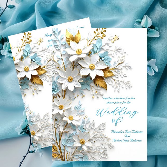 Elegant Wedding Blue White Lace Gold Flowers Invitation (Creator Uploaded)