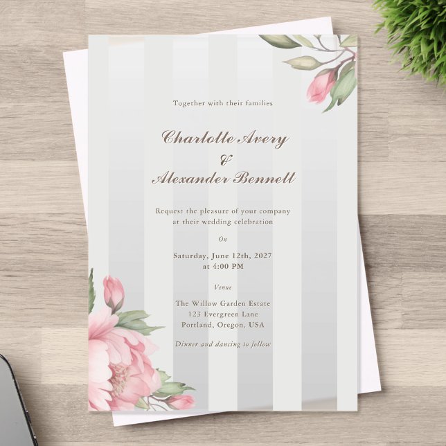 Elegant Wedding – Blush Peony & Soft Grey Striped  Acrylic Invitations (Creator Uploaded)