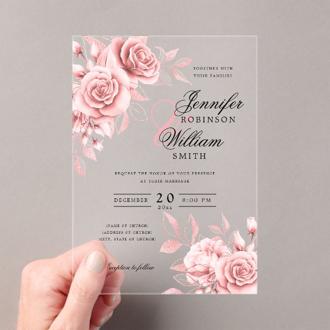 Elegant Wedding Blush Rose Gold Floral  Acrylic Invitations (Insitu (Handheld))