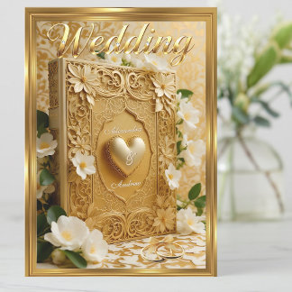 Elegant Wedding Book Gold Heart White Flowers Invitation