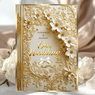 Elegant Wedding Book Ornate Gold White Floral Invitation