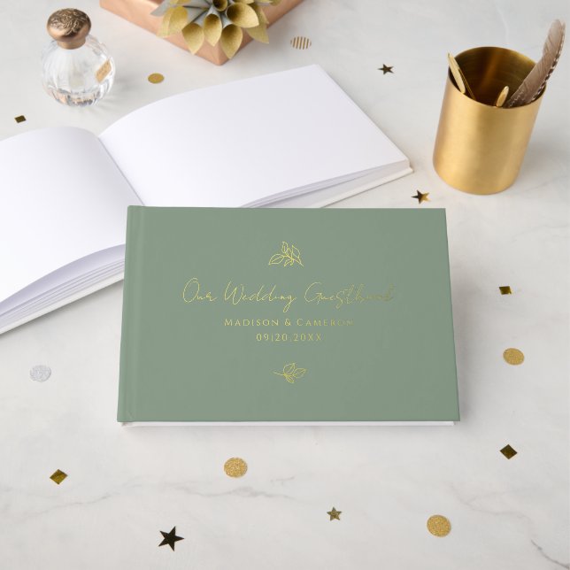 Elegant Wedding Botanical Calligraphy Green Gold  Foil Guest Book (Front Open)