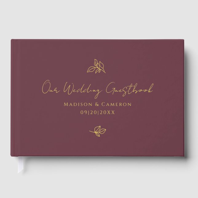 Elegant Wedding Botanical Calligraphy Script Gold Foil Guest Book (Front)