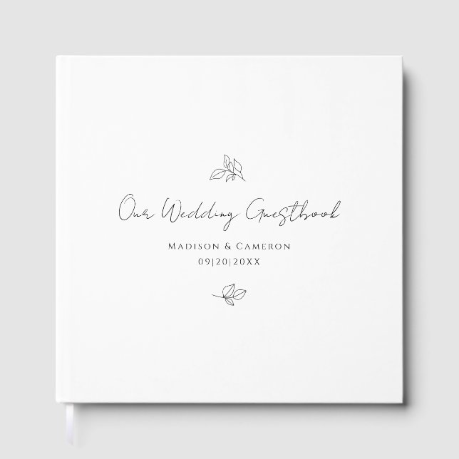 Elegant Wedding Botanical Leaves Black & White Guest Book (Front)