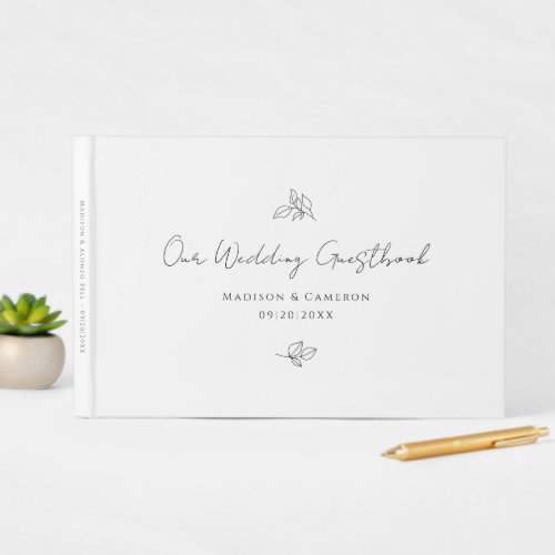 Elegant Wedding Botanical Leaves Black  White Guest Book